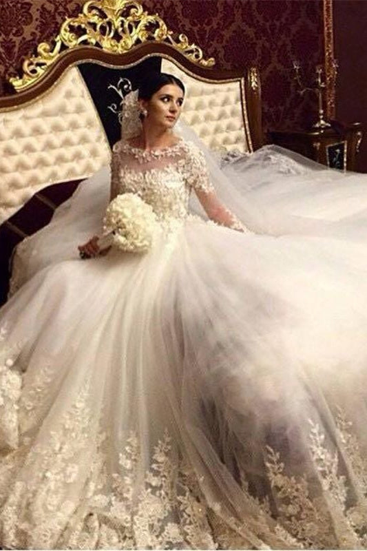 Modern Elegant Wedding Dress Stunning Long Appliques Sleeved Arabic Bridal Wears-misshow.com