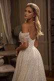 Modern Long A-line Off-the-shoulder Glitter Sleeveless Wedding Dresses-misshow.com