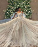 Modern Long A-line Off-the-shoulder Sleeveless Tulle Corset Wedding Dress-misshow.com