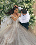 Modern Long A-line Off-the-shoulder Sleeveless Tulle Corset Wedding Dress-misshow.com