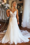 Modern Long A-line Spaghetti Straps Lace Sleeveless Wedding Dress-misshow.com