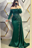 Modern Long Dark Green Mermaid Off-the-shoulder Lace Prom Dress With Long Sleeves