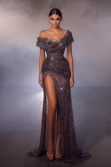 Modern Long Mermaid Off-the-shoulder Sequined Beading Prom Evening Dresses with Slit
