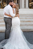 Modern Long Mermaid Sleeveless Appliques Wedding Dresses With Lace-misshow.com