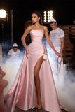 Modern Long Pink A-line Sleeveless Satin Prom Dress With Slit