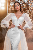 Modern Long V-neck Glitter Wedding Dresses With Long Sleeves-misshow.com