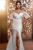 Modern Long V-neck Glitter Wedding Dresses With Long Sleeves-misshow.com