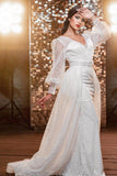 Modern Long V-neck Glitter Wedding Dresses With Long Sleeves