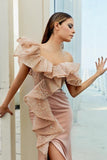 Modern Off-the-shoulder Evening Dress Long Pink Lace Prom Dresses With Slit-misshow.com
