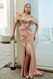 Modern Off-the-shoulder Evening Dress Long Pink Lace Prom Dresses With Slit-misshow.com