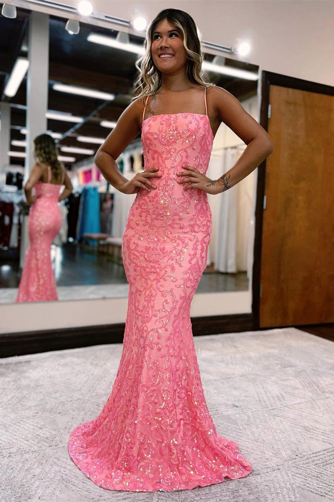 Modern Pink Long Spaghetti Straps Mermaid Prom Dress With Lace misshow.com Modern Pink Long Spaghetti Straps Mermaid Prom Dress With Lace misshow.com