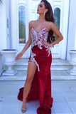 Modern Red Sleeveless Split Front Mermaid Prom Dress With Crystal-misshow.com