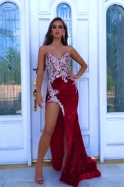 Modern Red Sleeveless Split Front Mermaid Prom Dress With Crystal