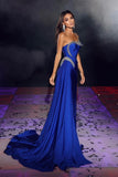 Modern Royal Blue One Shoulder Sequined Sleeveless Prom Dress With Slit-misshow.com