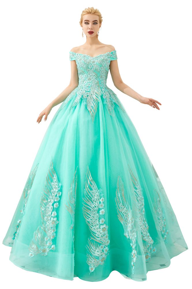 Looking for Prom Dresses,Evening Dresses,Homecoming Dresses,Quinceanera dresses in Tulle, A-line,Ball Gown,Princess style, and Gorgeous Beading,Embroidery work  MISSHOW has all covered on this elegant Modern Sleeveless aline Ball Gown Gold Appliques Off the Shoulder Tulle Party Gowns.
