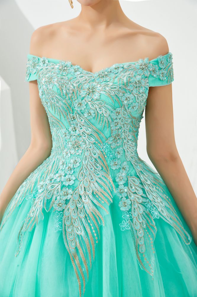 Looking for Prom Dresses,Evening Dresses,Homecoming Dresses,Quinceanera dresses in Tulle, A-line,Ball Gown,Princess style, and Gorgeous Beading,Embroidery work  MISSHOW has all covered on this elegant Modern Sleeveless aline Ball Gown Gold Appliques Off the Shoulder Tulle Party Gowns.