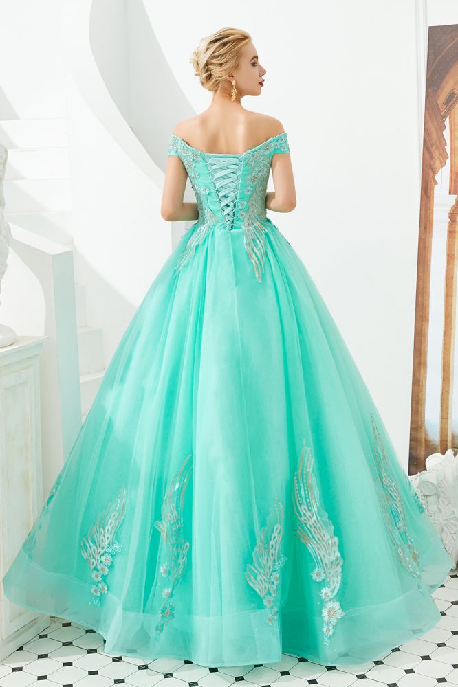 Looking for Prom Dresses,Evening Dresses,Homecoming Dresses,Quinceanera dresses in Tulle, A-line,Ball Gown,Princess style, and Gorgeous Beading,Embroidery work  MISSHOW has all covered on this elegant Modern Sleeveless aline Ball Gown Gold Appliques Off the Shoulder Tulle Party Gowns.