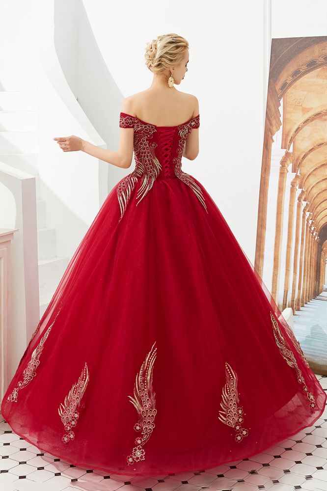 Looking for Prom Dresses,Evening Dresses,Homecoming Dresses,Quinceanera dresses in Tulle, A-line,Ball Gown,Princess style, and Gorgeous Beading,Embroidery work  MISSHOW has all covered on this elegant Modern Sleeveless aline Ball Gown Gold Appliques Off the Shoulder Tulle Party Gowns.