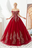 Modern Sleeveless aline Ball Gown Gold Appliques Off the Shoulder Tulle Party Gowns