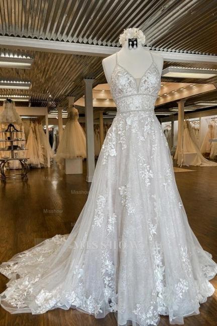 Modern Spaghetti Straps A-Line Wedding Dresses with Lace Modern Spaghetti Straps A-Line Wedding Dresses with Lace