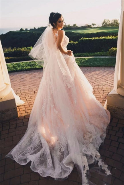 Modern V-neck Sleeveless A-line Wedding Dresses With Lace-misshow.com