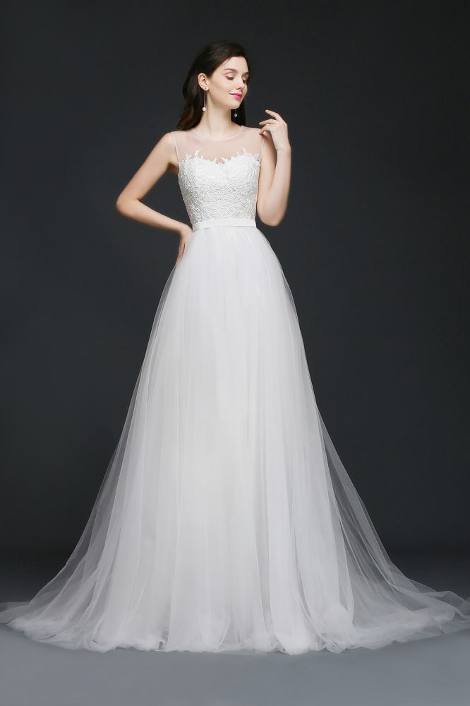 Looking for  in Tulle, A-line style, and Gorgeous Lace work  MISSHOW has all covered on this elegant Modest A-line Illusion Lace Wedding Dress.