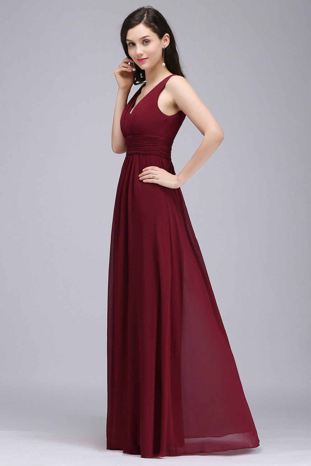 Modest Burgundy V-Neck Sleeveless Long Bridesmaid dresses Affordable
