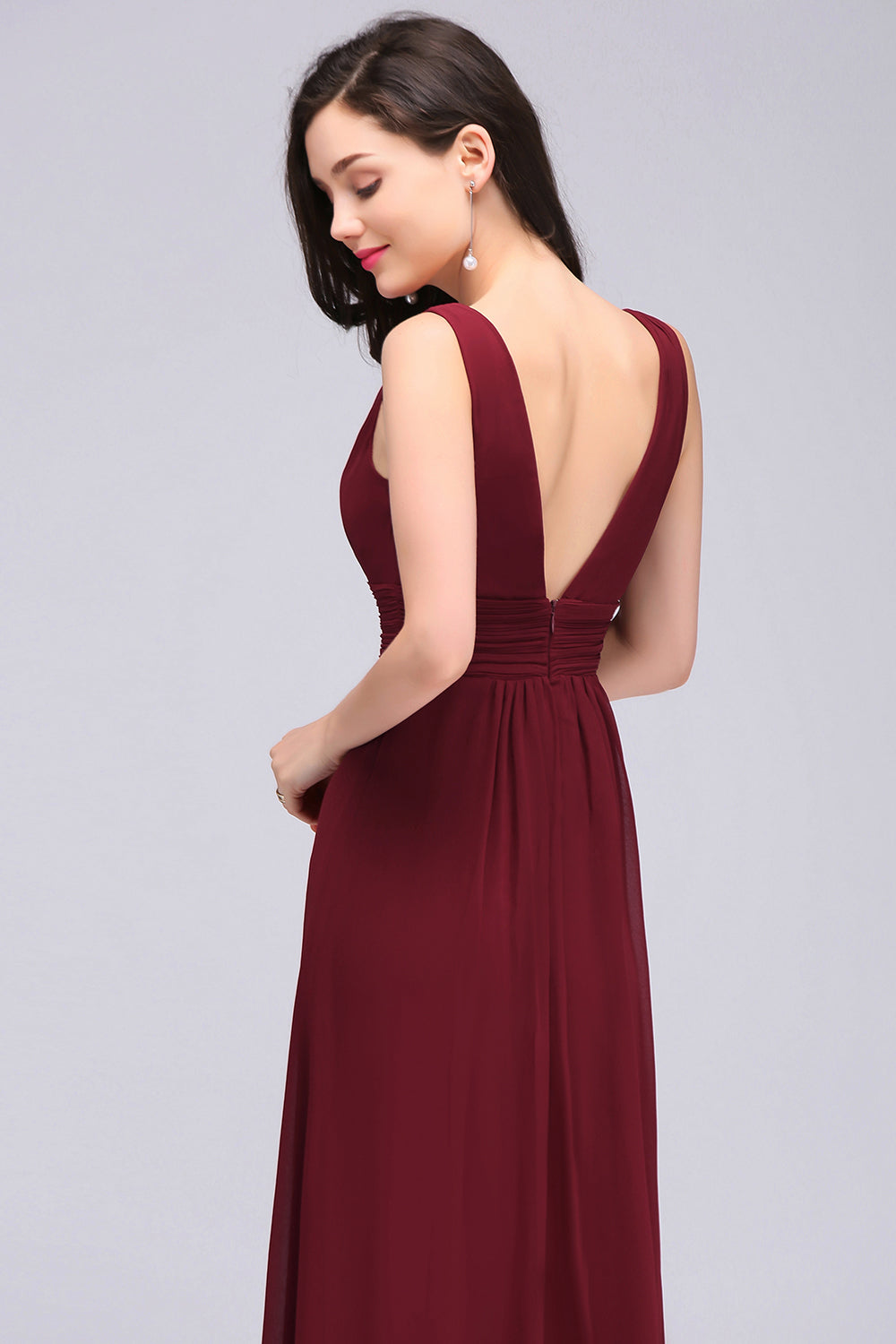 Modest Burgundy V-Neck Sleeveless Long Bridesmaid dresses Affordable