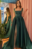 Modest Green A-Line Square Neckline Straps Prom Dresses with Slit-misshow.com