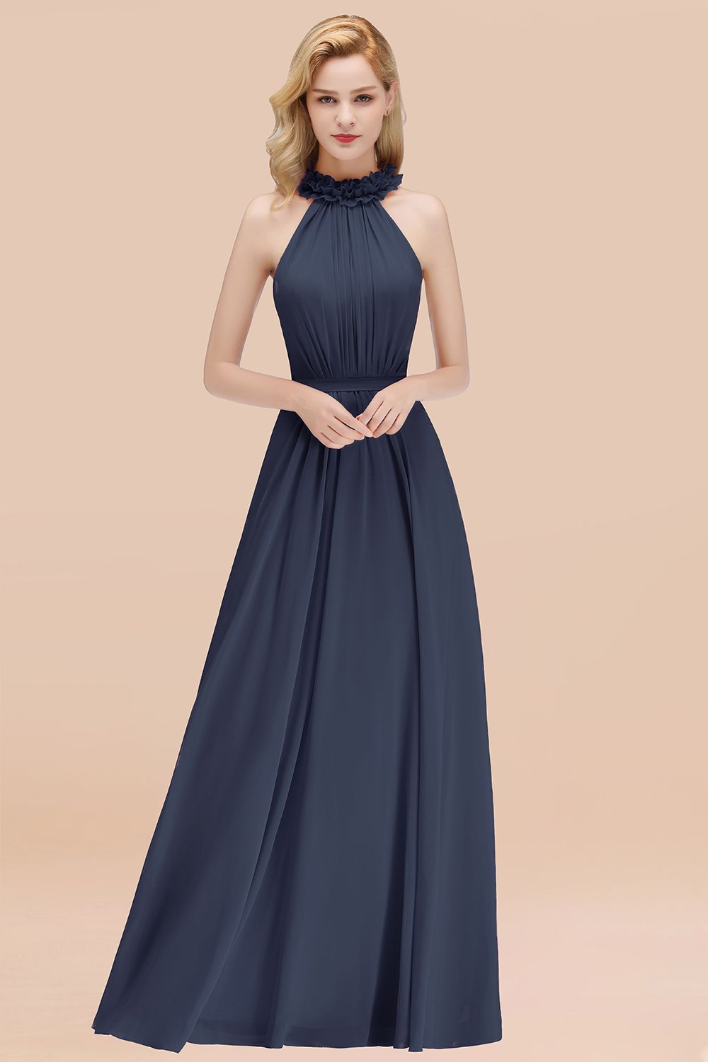 High Neck Modest Navy Blue Bridesmaid Dresses Modest High-Neck Halter Ruffle Chiffon Bridesmaid Dresses Affordable High Neck Modest Navy Blue Bridesmaid Dresses Modest High-Neck Halter Ruffle Chiffon Bridesmaid Dresses Affordable