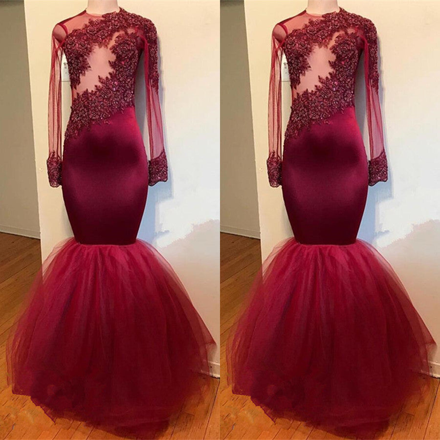 Modest Lace Appliques Long Sleeve Mermaid Prom Dress-misshow.com