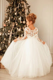 Modest Long Princess Tulle Lace Appliques flower girl dress with sleeves-misshow.com