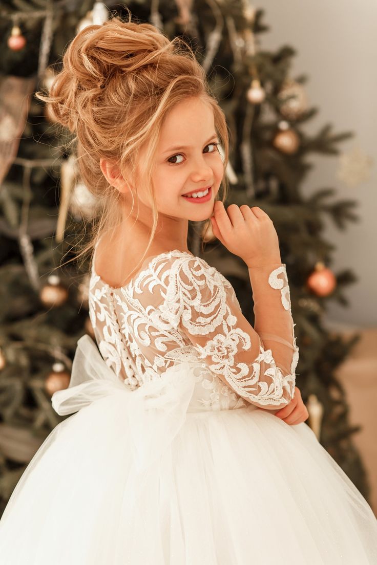 Modest Long Princess Tulle Lace Appliques flower girl dress with sleev misshow