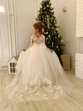 Modest Long Princess Tulle Lace Appliques flower girl dress with sleeves-misshow.com