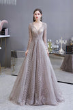 Modest Long Sleeves V-Neck Princess Prom Dress Sequined Aline Party Gown
