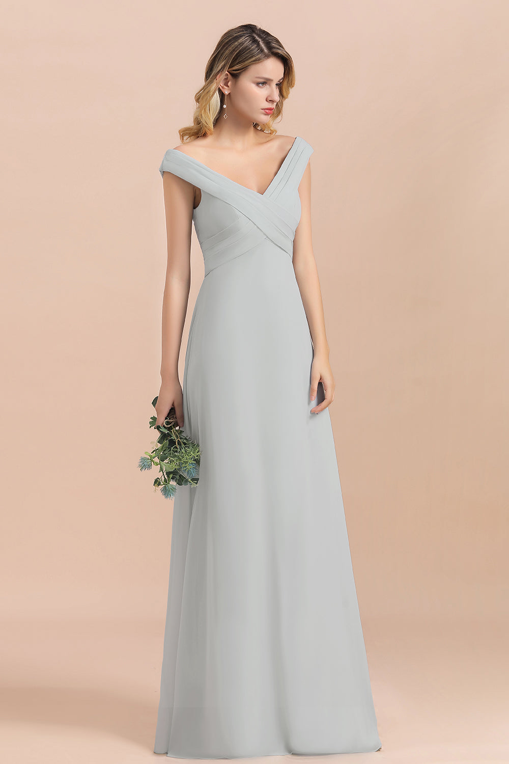 Modest Off-the-Shoulder Mist Chiffon Bridesmaid dresses with Pleats