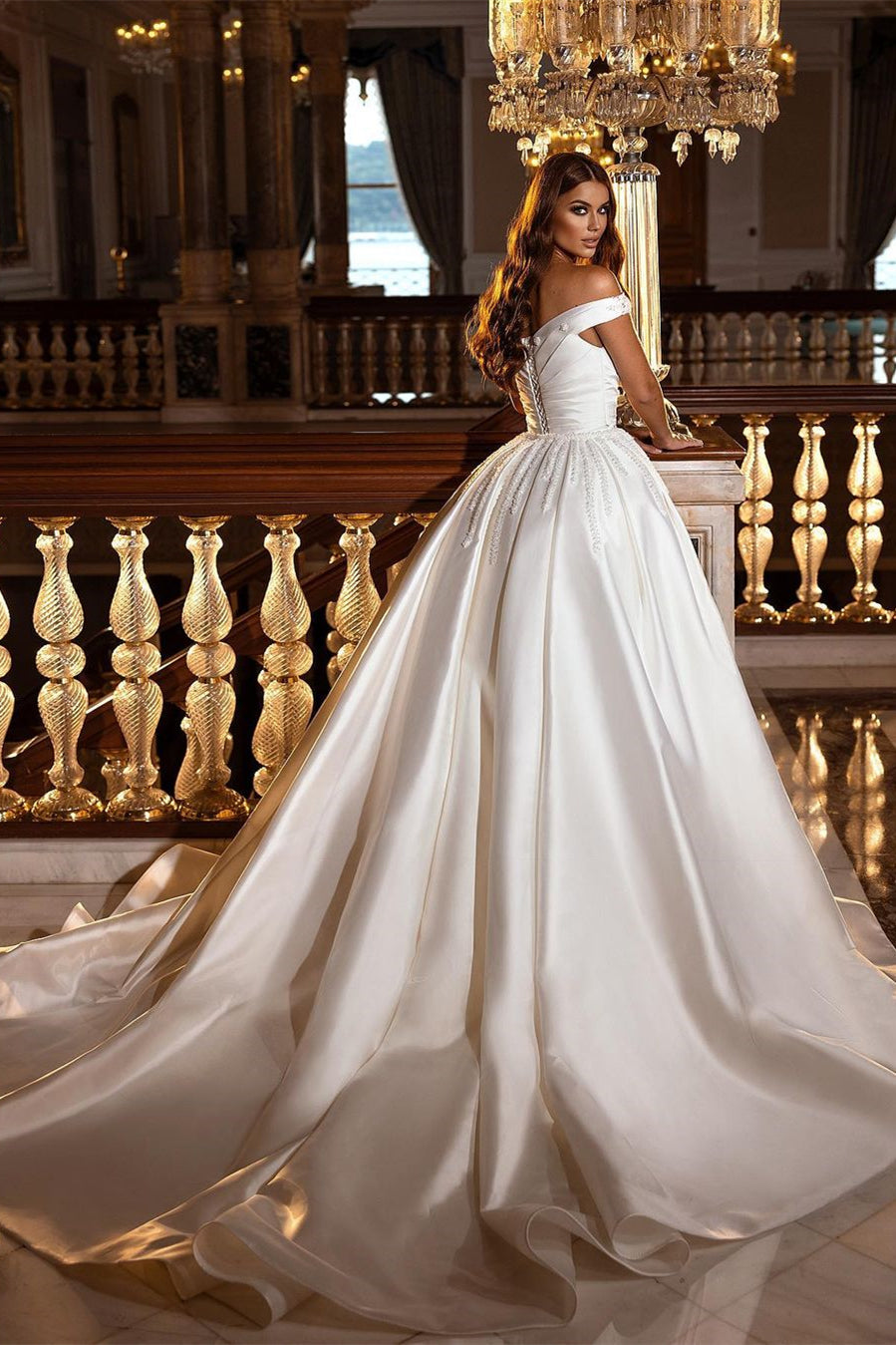 Modest Off-the-Shoulder Satin Wedding Dress with Detachable Sweep Train-misshow.com