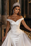 Modest Off-the-Shoulder Satin Wedding Dress with Detachable Sweep Train-misshow.com