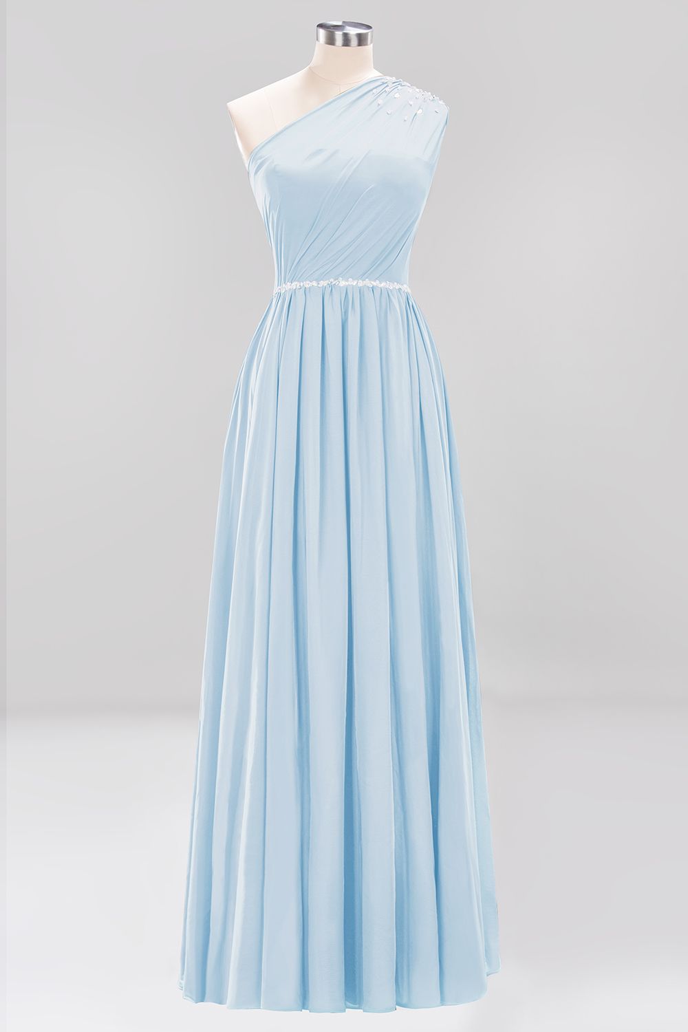 light blue modest bridesmaid dresses Modest Long A-line Halter Chiffon Bow Sky Blue Bridesmaid Dresses