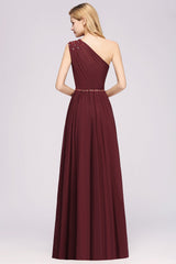 Modest One-shoulder Royal Blue Affordable Bridesmaid Dresses with Beadings