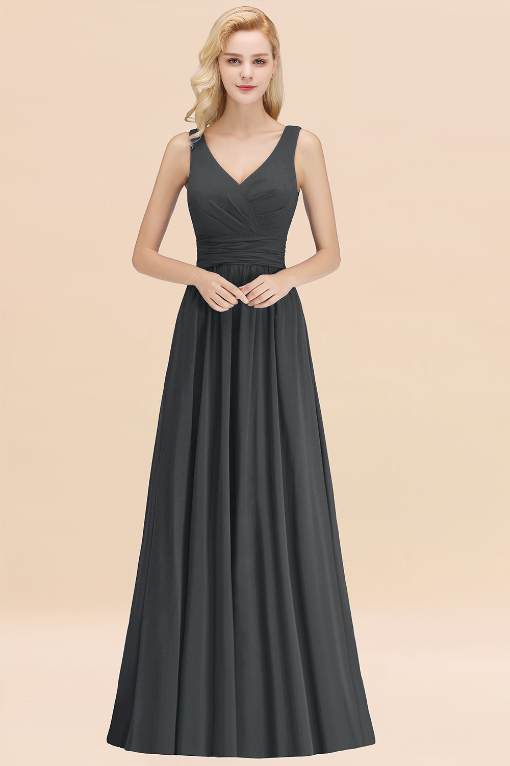 Modest Sleeveless V-Neck Long Chiffon Bridesmaid Dresses with Ruffle misshow.com Modest Sleeveless V-Neck Long Chiffon Bridesmaid Dresses with Ruffle misshow.com