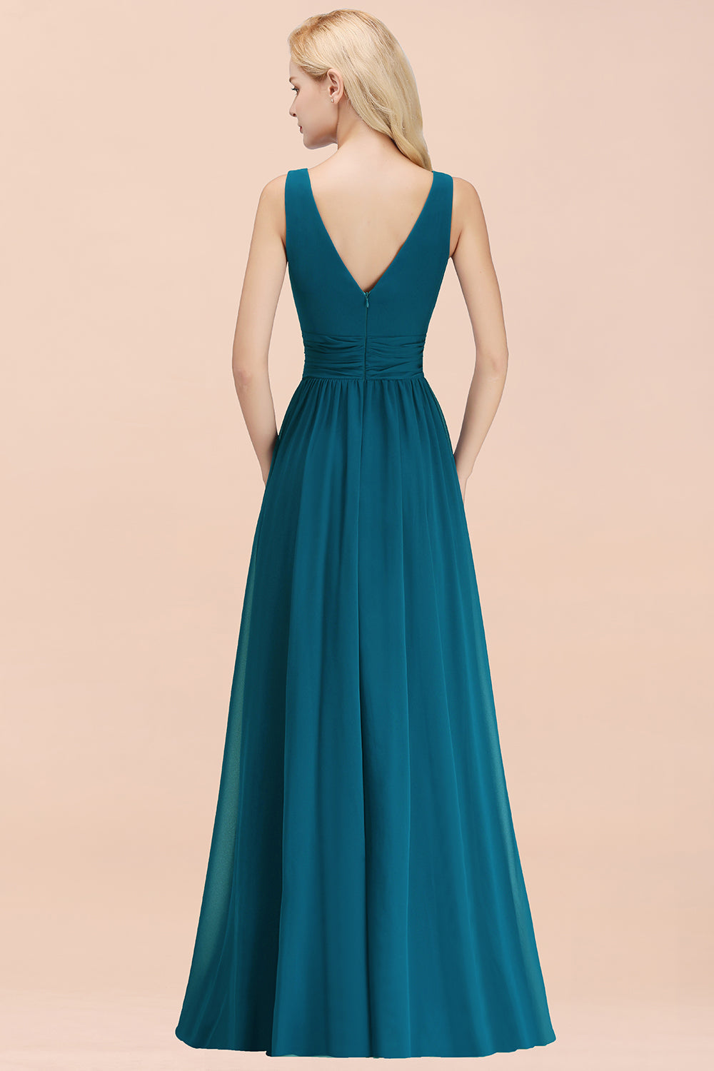 Modest Sleeveless V-Neck Long Chiffon Bridesmaid Dresses with Ruffle misshow.com Modest Sleeveless V-Neck Long Chiffon Bridesmaid Dresses with Ruffle misshow.com