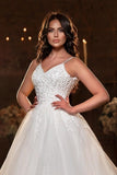 Modest Spaghetti Strap Sleevesless A-Line Floor-Length Tulle Wedding Dresses with Applique-misshow.com