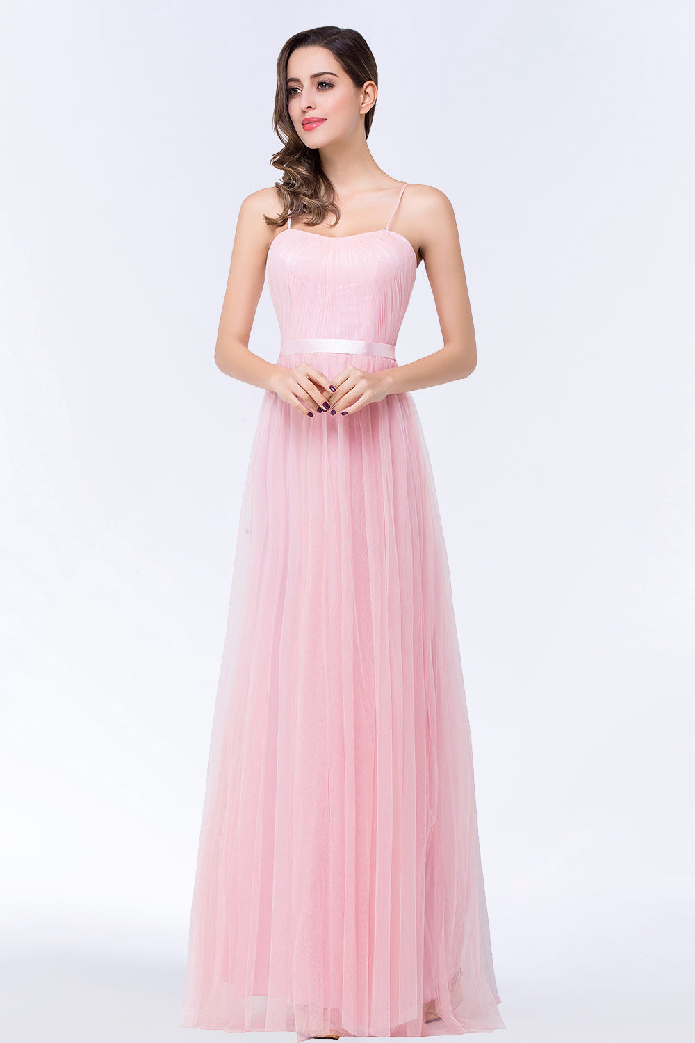 Modest Spaghetti-Straps Sweetheart Long Bridesmaid Dresses with Sash