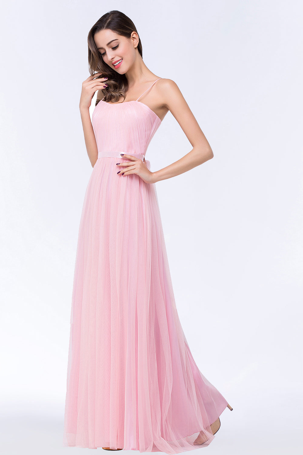 Modest Spaghetti-Straps Sweetheart Long Bridesmaid Dresses with Sash