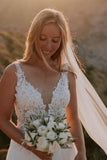 Modest Straps Sleeveless Column Floor-Length Tulle Wedding Dresses with Appliques-misshow.com