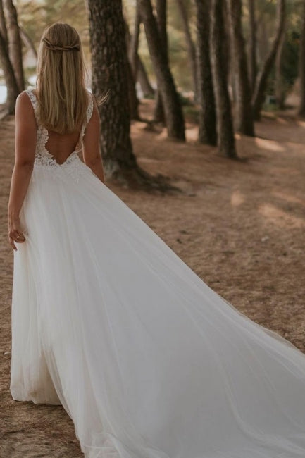 Modest Straps Sleeveless Column Floor-Length Tulle Wedding Dresses with Appliques-misshow.com