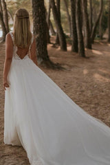 Modest Straps Sleeveless Column Floor-Length Tulle Wedding Dresses with Appliques-misshow.com