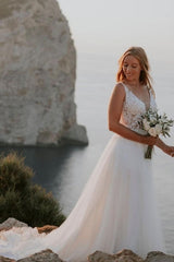 Modest Straps Sleeveless Column Floor-Length Tulle Wedding Dresses with Appliques-misshow.com