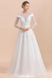 Looking for  in Tulle, A-line style, and Gorgeous Lace,Rhinestone work  MISSHOW has all covered on this elegant Modest White Beaded Appliques Wedding Dress Long Sleeve Floor Length Ball Gown